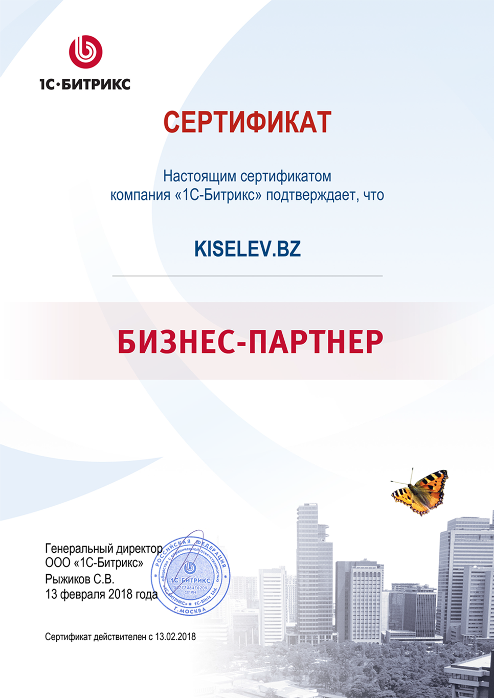 Сертификат партнёра по СРМ системам в Камешково